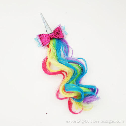 Kids Unicorn Rainbow New Design Hair Clip With Colorful Wave Synthetic Hair Extensions Wholesale Hair Accessories For Kid